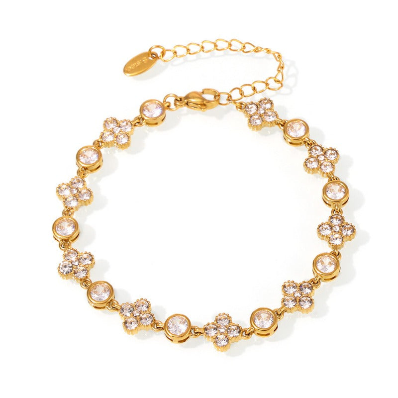 Wholesale Stainless Steel Plum Blossom Round Diamond Hand-assembled Zircon Plated 18k Real Gold Bracelet